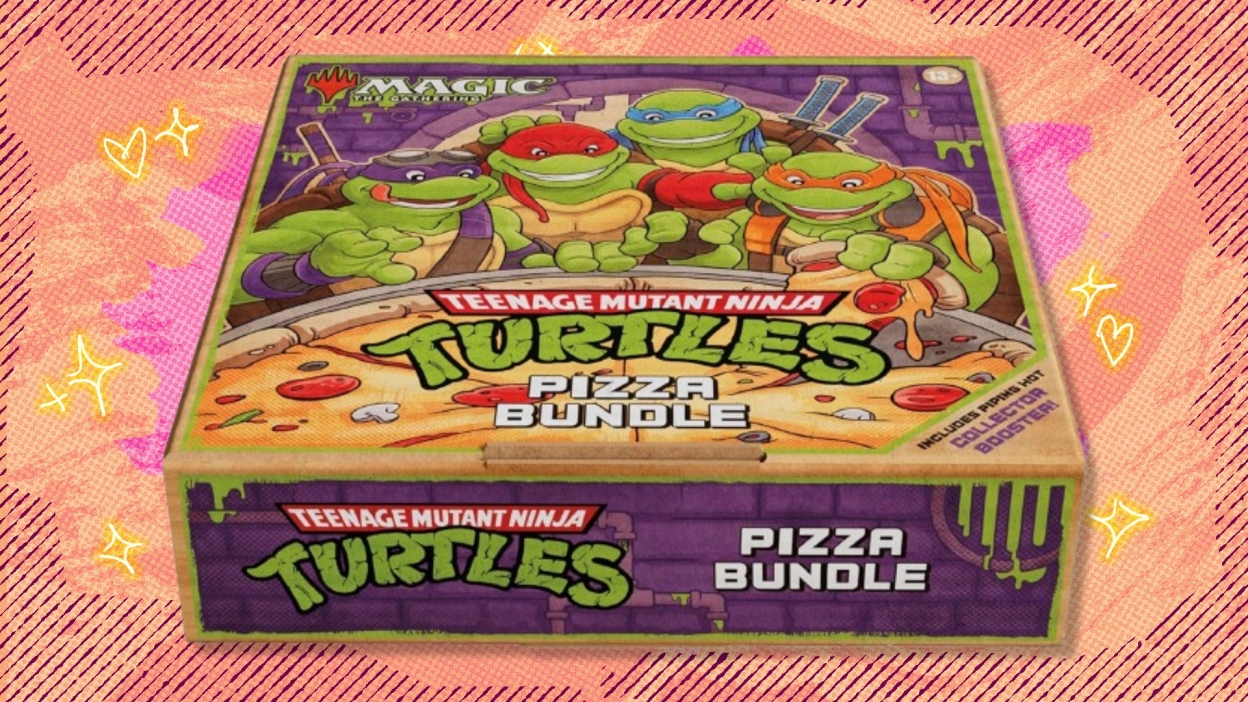 Magic: The Gathering Teenage Mutant Ninja Turtles Pizza Bundle on a red and orange background
