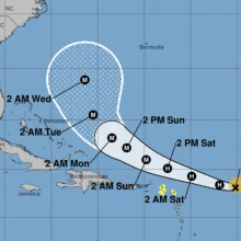A map showing the predicted path of Tropical Storm Erin.