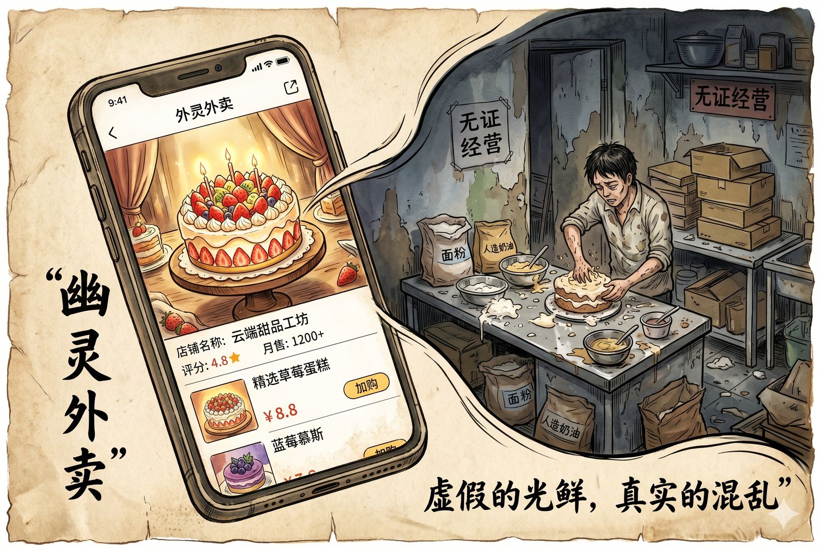 手机外卖页面上展示着精致明亮的蛋糕店铺照片,画面另一侧却是阴暗杂乱的小作坊后厨,奶油、纸盒和无证操作台形成强烈反差,直观表现“幽灵外卖”,羊皮纸,钢笔彩色手绘的统一风格。