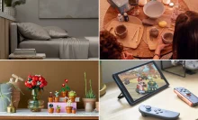 Bed with gray bamboo bed sheets, two people making pottery at home, various LEGO Botanicals on table with real plants, and Nintendo Switch 2 and controllers on desk