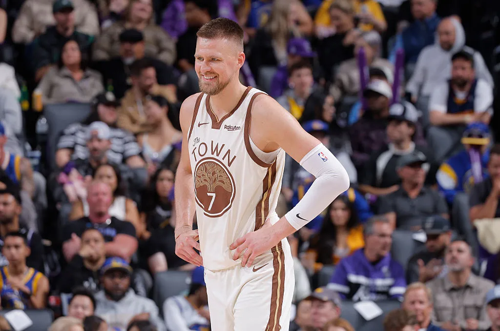 SACRAMENTO, CA - APRIL 10: Kristaps Porzingis #7 of the Golden State Warriors looks on during the game against the Sacramento Kings on April 10, 2026 at Golden 1 Center in Sacramento, California. NOTE TO USER: User expressly acknowledges and agrees that, by downloading and or using this photograph, User is consenting to the terms and conditions of the Getty Images Agreement. Mandatory Copyright Notice: Copyright 2026 NBAE (Photo by Rocky Widner/NBAE via Getty Images)