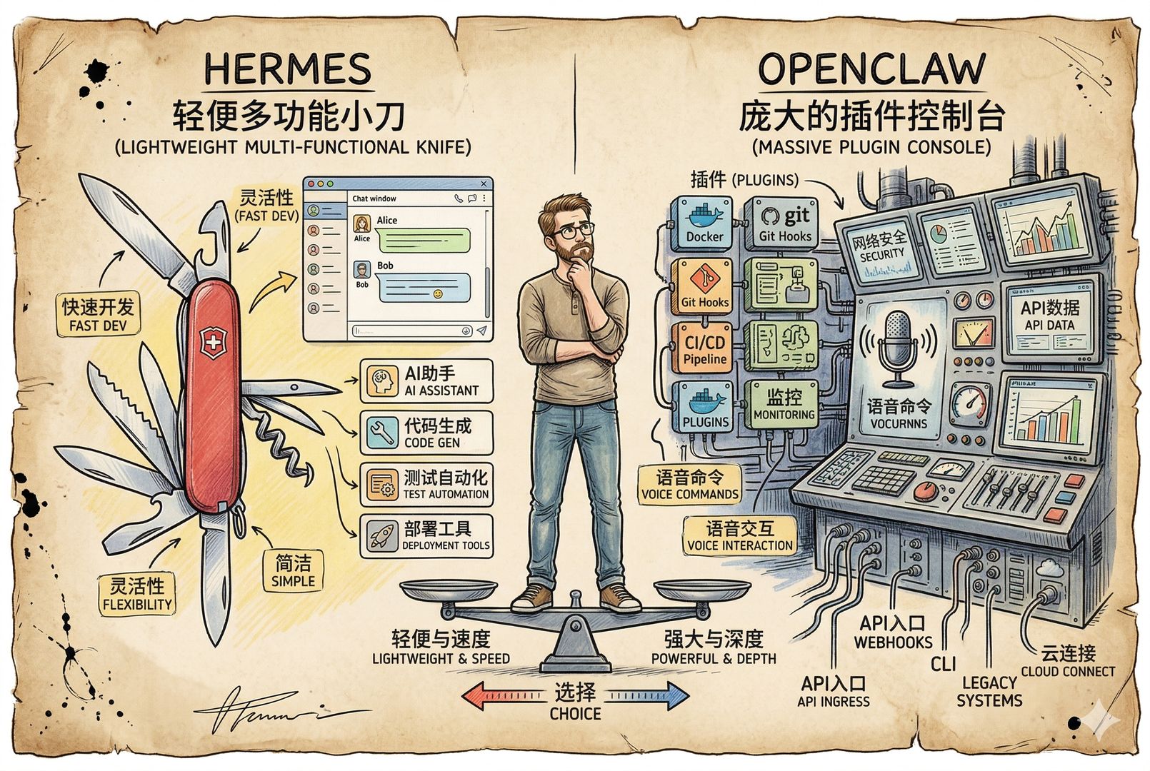 一幅左右对照的产品比较图,左边 Hermes 像一把轻便多功能小刀配聊天窗口和技能卡,右边 OpenClaw 像一台庞大的控制台,布满插件、语音、面板和多入口端口,中央有工程师站着权衡选择,羊皮纸,钢笔彩色手绘的统一风格。