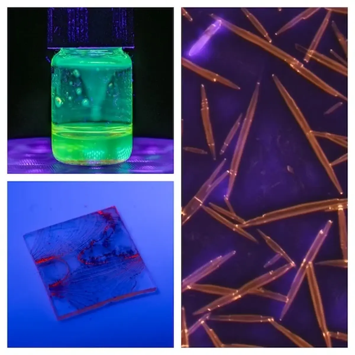 Top and bottom left: The different absorption and emissions signals observed in 9,10-bis (phenylethynyl)anthracene. Right: A microscopic image of its structural defects. Top and bottom left: The different absorption and emissions signals observed in 9,10-bis (phenylethynyl)anthracene. Right: A microscopic image of its structural defects.