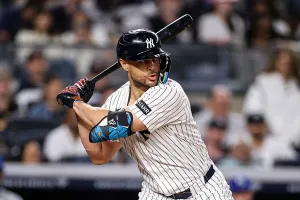 NEW YORK, NEW YORK - APRIL 17: Giancarlo Stanton #27 of the New York Yankees in action during the game against the Kansas City Royals at Yankee Stadium on April 17, 2026 in New York City.