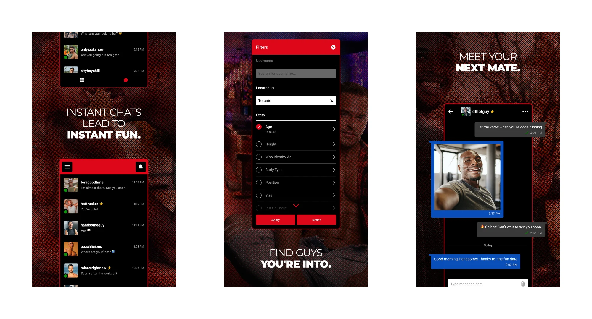 Screenshots of the SQ Dating app.