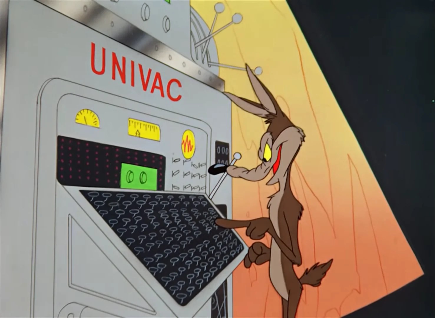 Я нажимаю кнопки, чтобы запустить сервер Minecraft на UNIVAC, 2026 год Wile E. Coyote operating a UNIVAC in a Looney Tunes cartoon.
