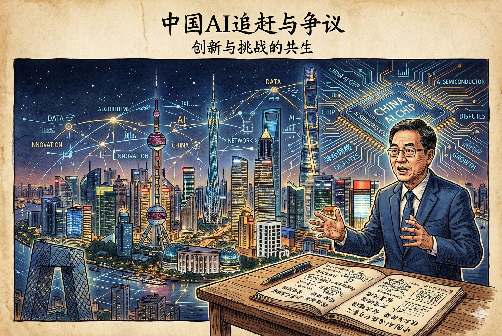 夜色中的中国城市天际线与发光的数据网络交织,屏幕前一位讲述者摊开手稿,远处高楼和芯片纹路叠映,营造“中国AI追赶与争议”主题封面,羊皮纸,钢笔彩色手绘的统一风格。