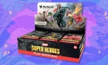 The Magic: The Gathering Marvel Super Heroes Play Booster Box on a purple background