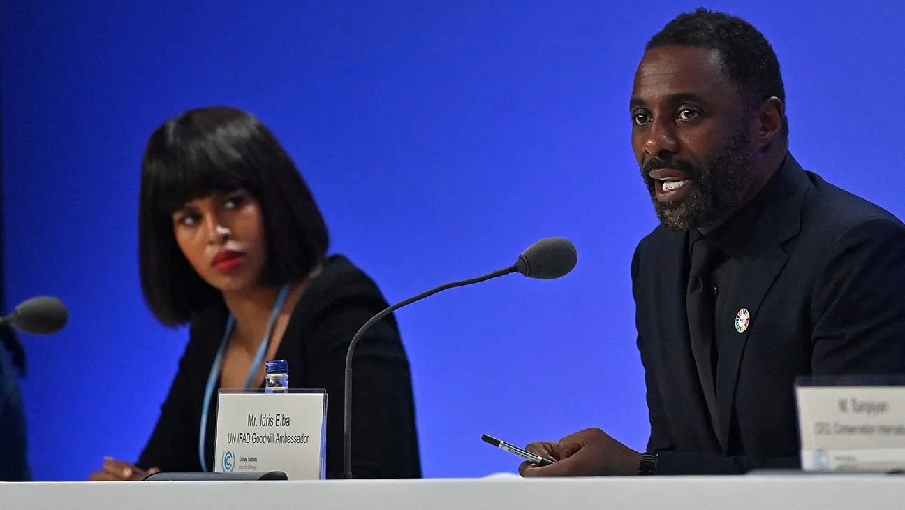 International Fund for Agricultural Development (IFAD) Goodwill Ambassadors English actor Idris Elba (R) and his Canadian actress and activist wife, Sabrina Elba, take part in a session at the COP26 UN Climate Summit in Glasgow on November 6, 2021.