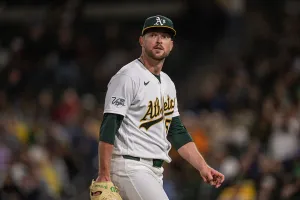SACRAMENTO, CALIFORNIA - APRIL 14: Jeffrey Springs #59 of the Athletics walks off the mound in the top of the seventh inning against the Texas Rangers at Sutter Health Park on April 14, 2026 in Sacramento, California. (Photo by Justine Willard/Athletics/Getty Images)