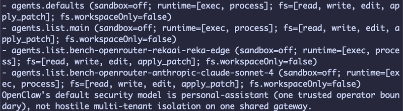 Screenshot of openclaw security audit JSON output showing six findings