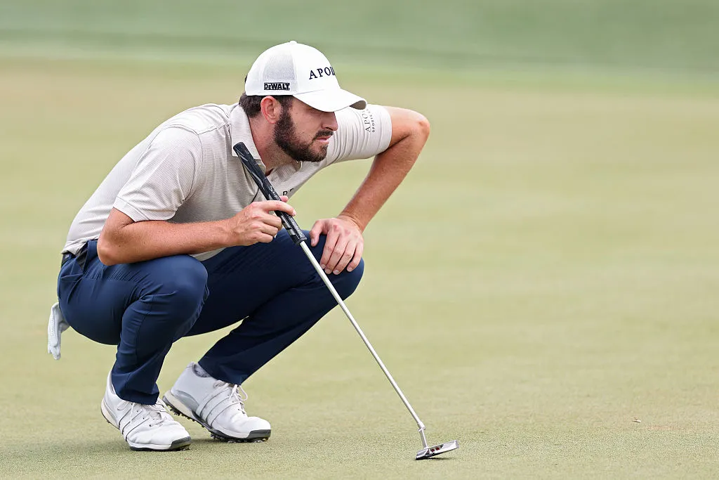 HILTON HEAD ISLAND, SOUTH CAROLINA - APRIL 19: Patrick Cantlay of the United States lines up a putt on the 16th green during the final round of the RBC Heritage 2026 at Harbour Town Golf Links on April 19, 2026 in Hilton Head Island, South Carolina. (Photo by Kevin C. Cox/Getty Images)