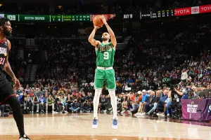 PHILADELPHIA, PA - APRIL 26: Derrick White #9 of the Boston Celtics shoots a three point basket during the game against the Philadelphia 76ers during Round One Game Four of the 2026 NBA Playoffs on April 26, 2026 at the Wells Fargo Center in Philadelphia, Pennsylvania NOTE TO USER: User expressly acknowledges and agrees that, by downloading and/or using this Photograph, user is consenting to the terms and conditions of the Getty Images License Agreement. Mandatory Copyright Notice: Copyright 2026 NBAE (Photo by Jesse D. Garrabrant/NBAE via Getty Images)