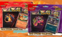 The Pokemon TCG: Ascended Heroes Tech Sticker Collections on a green and orange background background