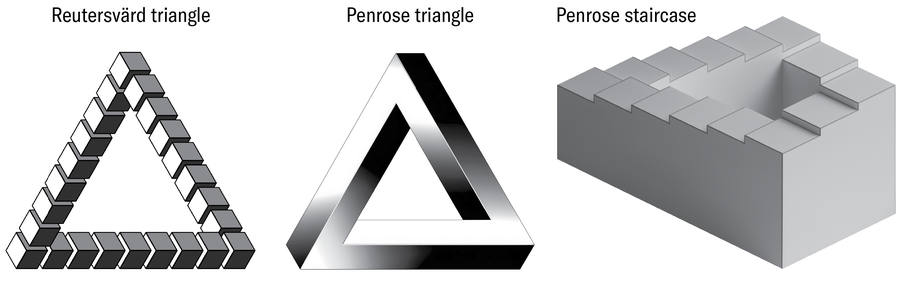 Three impossible figures are shown. The first two are variations on what is generally known as a Penrose triangle: a three‑sided geometric shape made of rectangular beams that appear to connect in a continuous loop. The third is a Penrose staircase: a drawing of a continuous loop of steps that appear to ascend or descend forever. All are optical illusions that defy real-world geometry.