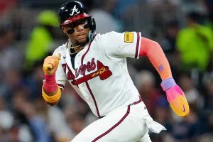 ATLANTA, GA - APRIL 15: Ronald Acuña Jr. #13 of the Atlanta Braves runs to second base in the fifth inning during the game against the Miami Marlins at Truist Park on April 15, 2026 in Atlanta, Georgia. All players are wearing the number 42 in honor of Jackie Robinson Day.
