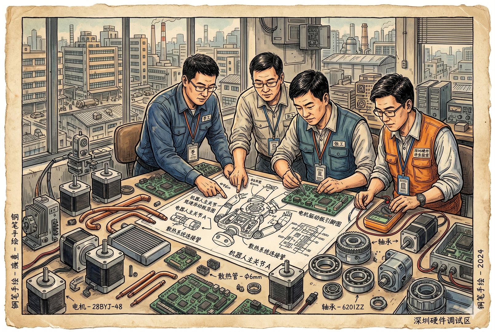 深圳式硬件工作台上铺满电机、线路板、散热管路与机器人关节零件,几位工程师围着拆解图纸协作调试,背景隐约是密集供应链工厂景象,羊皮纸,钢笔彩色手绘的统一风格。