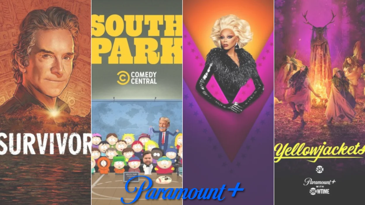 grid of Paramount+ posters for Survivor 50, South Park, RuPaul Drag Race All Stars, and Yellowjackets 