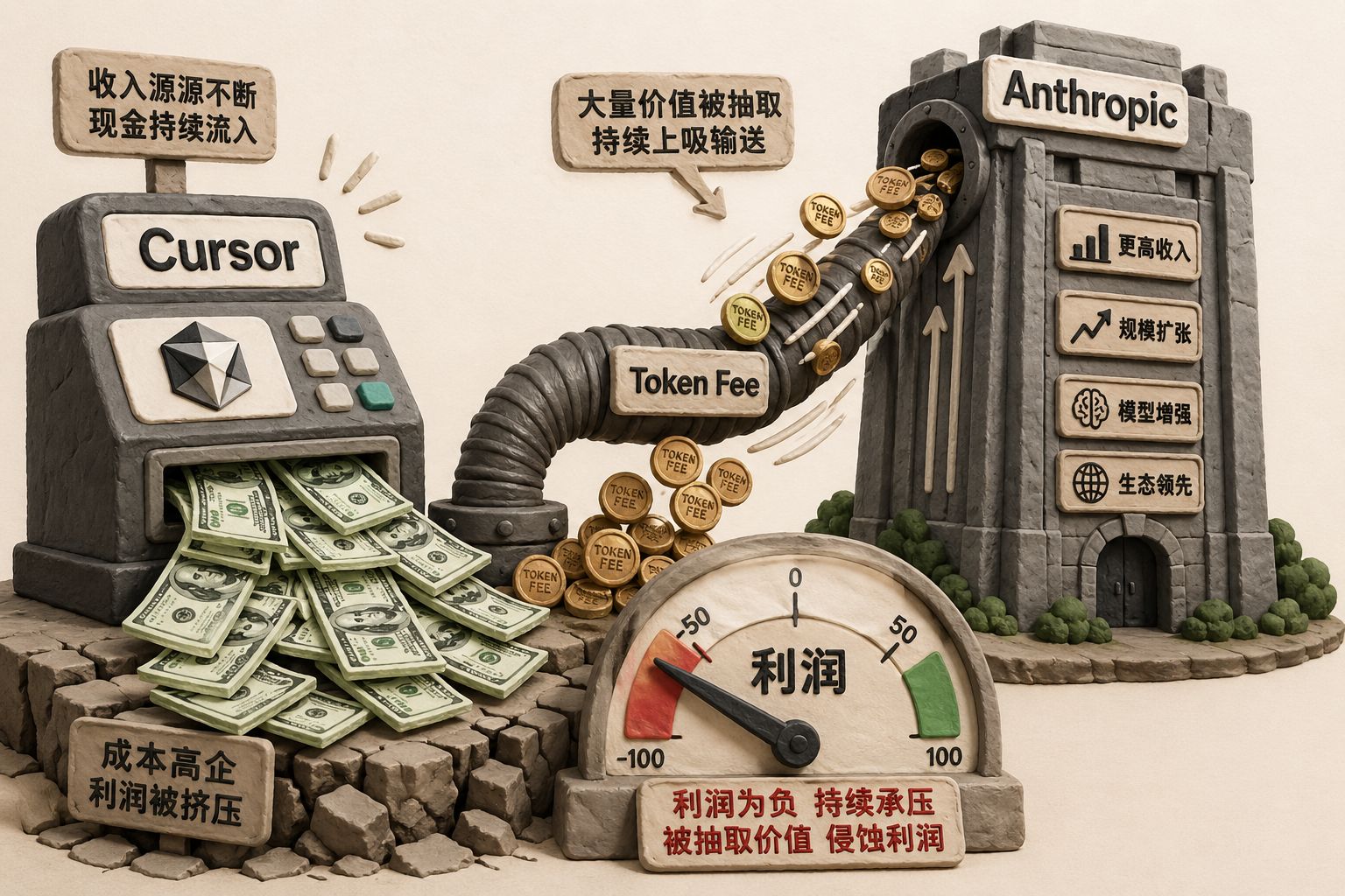 一台标着Cursor的收银机不断吐出美元纸币,另一侧一条粗大的管道把更多写着“Token Fee”的硬币吸向标着Anthropic的高塔,旁边利润刻度跌到负值,形成鲜明商业剥削感,羊皮纸,钢笔彩色手绘的统一风格。