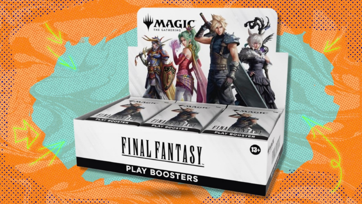 The Magic: The Gathering - Final Fantasy Play Booster Box on a green and orange background