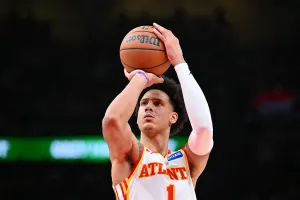ATLANTA, GA - MARCH 30: Jalen Johnson #1 of the Atlanta Hawks shoots a free throw during the game against the Boston Celtics on March 30, 2026 at State Farm Arena in Atlanta, Georgia. NOTE TO USER: User expressly acknowledges and agrees that, by downloading and/or using this Photograph, user is consenting to the terms and conditions of the Getty Images License Agreement. Mandatory Copyright Notice: Copyright 2026 NBAE (Photo by Adam Hagy/NBAE via Getty Images)
