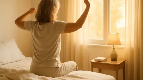 Mujer sentada en el borde de la cama estirándose con luz suave de mañana entrando por la ventana.