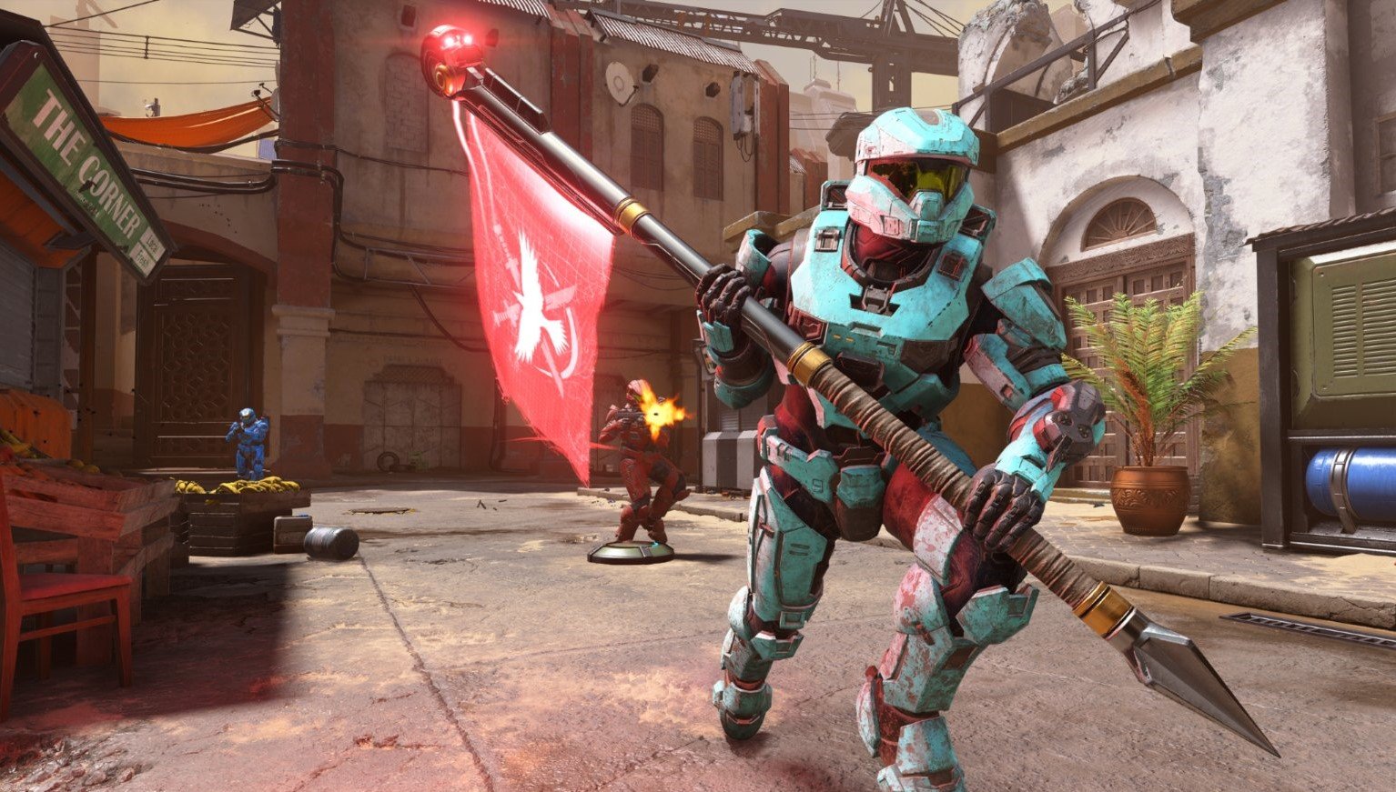 A soldier from Halo in teal armor runs through a market, holding a red flag with a white emblem. Background shows burning debris and a tense, action-filled scene.