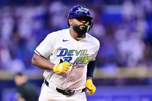 ST PETERSBURG, FLORIDA - APRIL 24: Junior Caminero #13 of the Tampa Bay Rays runs the bases after hitting a two-run home run in the seventh inning against the Minnesota Twins at Tropicana Field on April 24, 2026 in St Petersburg, Florida. (Photo by Julio Aguilar/Getty Images)