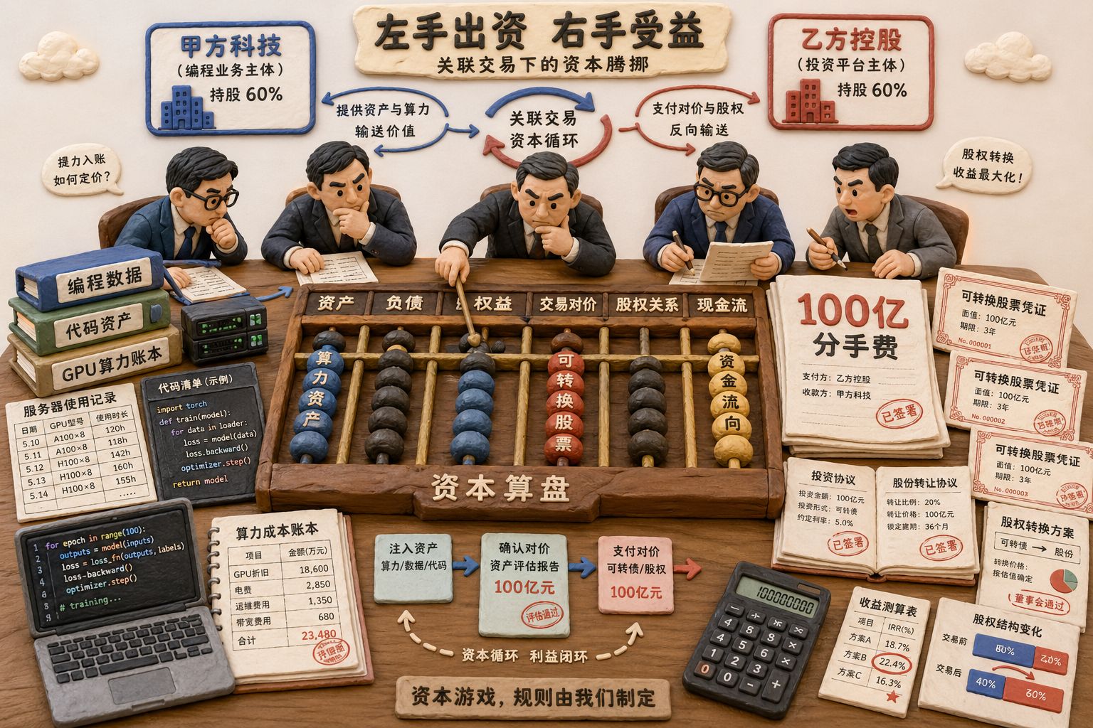 一张复杂的资本算盘铺满桌面,左边是编程数据卷宗、GPU算力账本,右边是“100亿分手费”与可转换股票凭证,几位投资人围坐计算,展示左手倒右手的关联交易气质,羊皮纸,钢笔彩色手绘的统一风格。