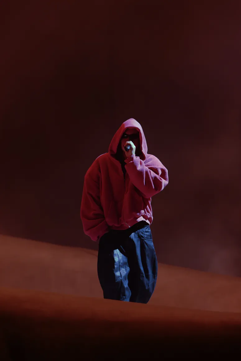 Image may contain: Performer, Person, Solo Performance, Clothing, Hoodie, Knitwear, Sweater, Sweatshirt, Face, and Head