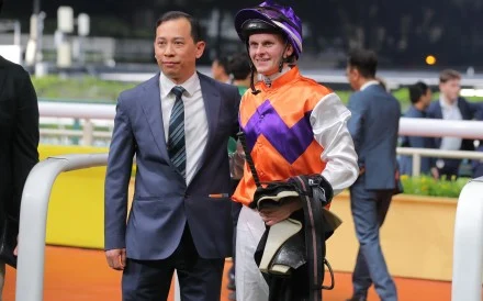 Jockey Ethan Brown celebrates his first Hong Kong win with trainer Cody Mo. Photos: Kenneth Chan