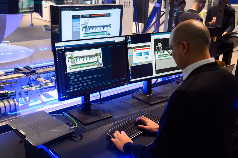An employee operates a production machine from the pharmaceutical industry at the Siemens stand at the Hannover Messe industrial trade fair with the help of Siemens Co-Pilot artificial intelligence - based on the system from Microsoft.