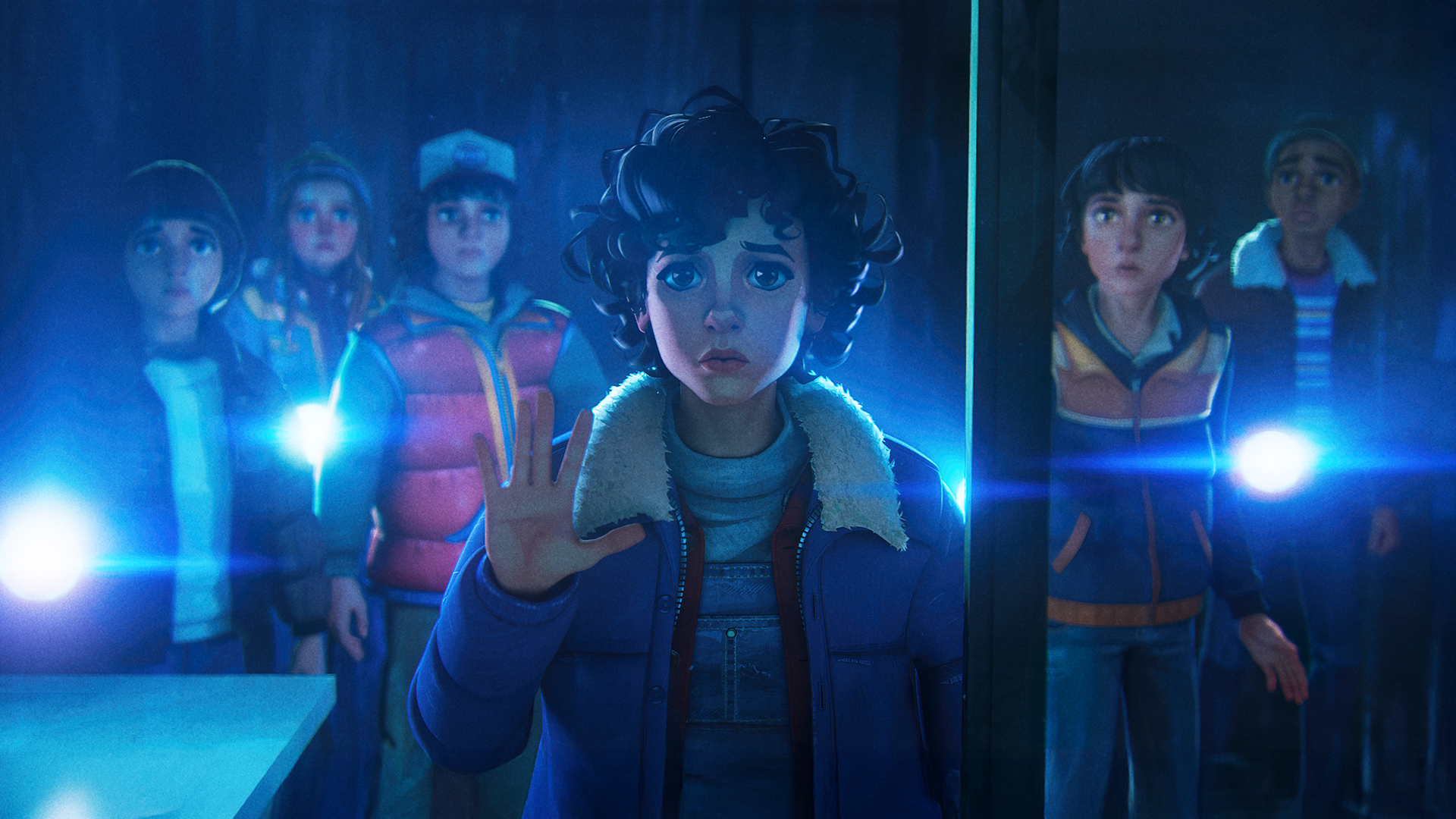 A bunch of kids staring at something behind a thick pane of glass in Stranger Things: Tales From '85
