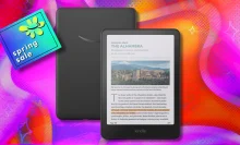 An Amazon Kindle Colorsoft on a colorful background