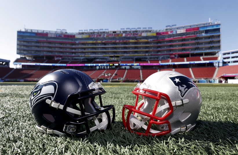 A general view of the Seattle Seahawks helmet and New England Patriots helmet displayed in inside of the Levi's Stadium prior to Super Bowl LX on February 4, 2026 in Santa Clara, California.