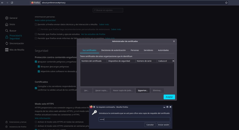 Importar llave p12 firefox