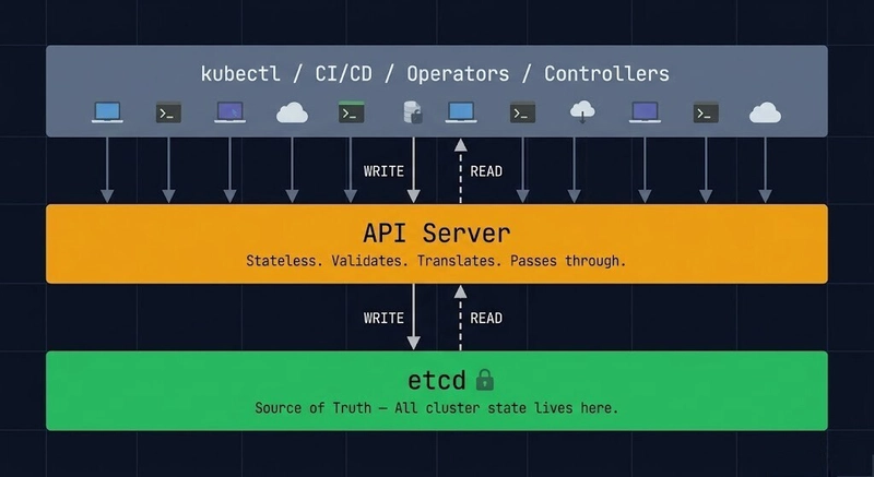 etcd kubernetes state layer — API server as stateless translation layer over etcd key-value store