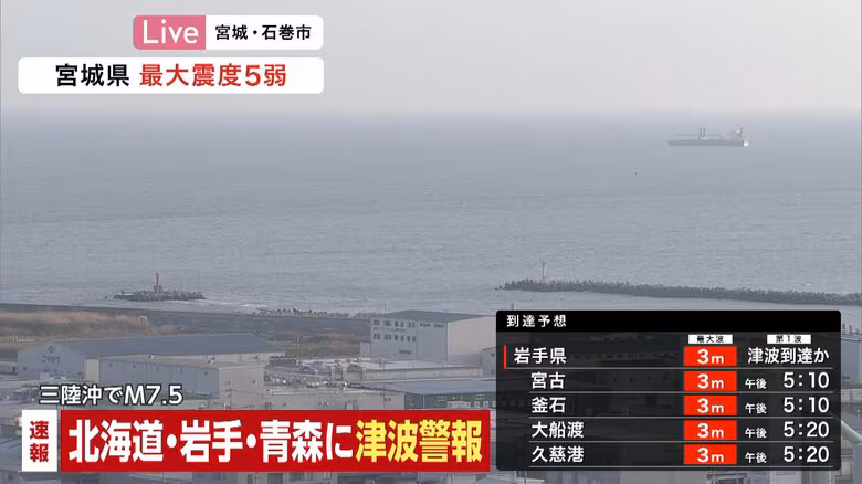 【速報】岩手県沖合60キロと青森県沖合50キロで津波を観測　気象庁｜FNNプライムオンライン