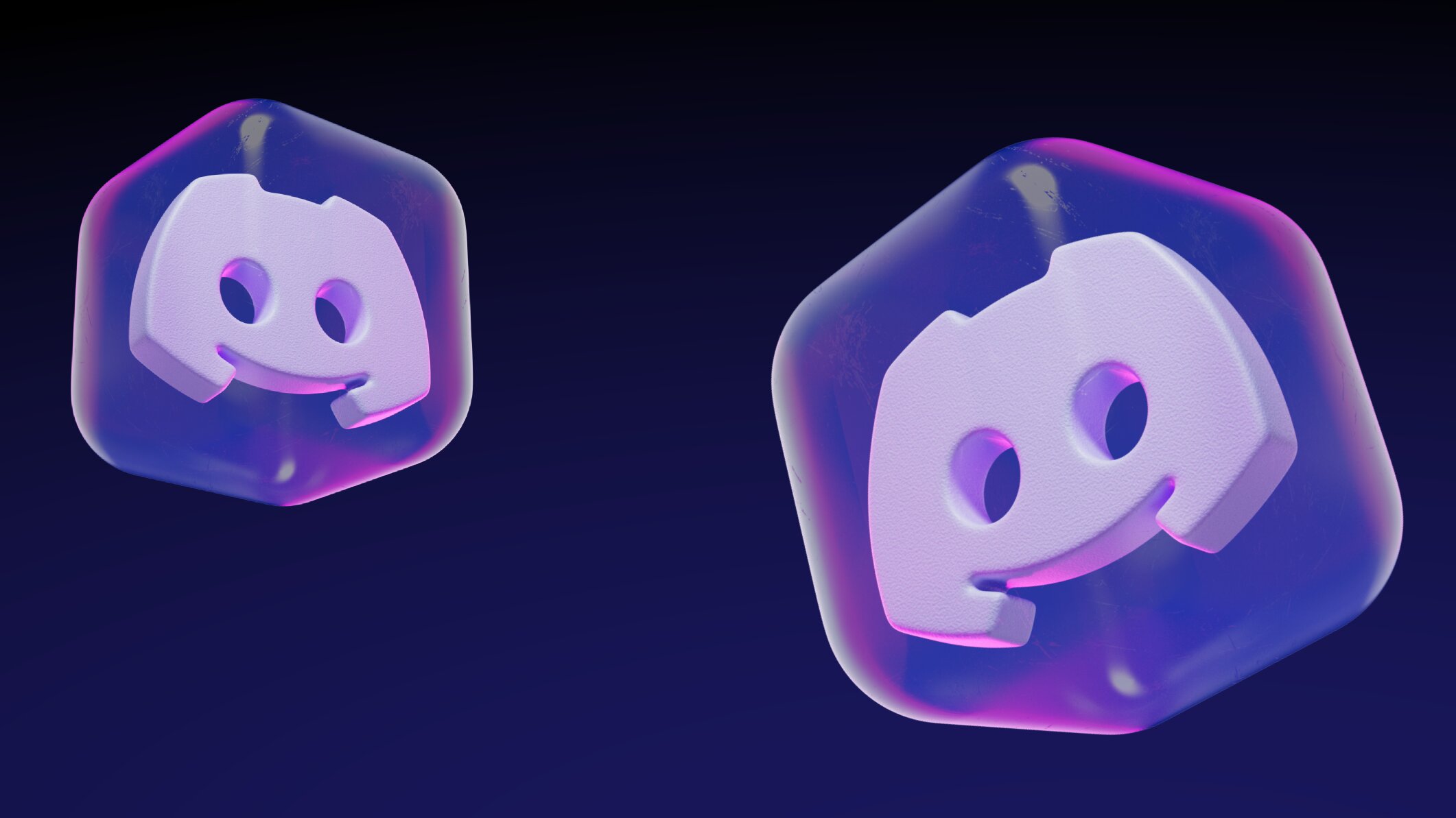 Floating purple Discord logos encased in transparent hexagons against a dark blue gradient background, giving a futuristic and digital feel.