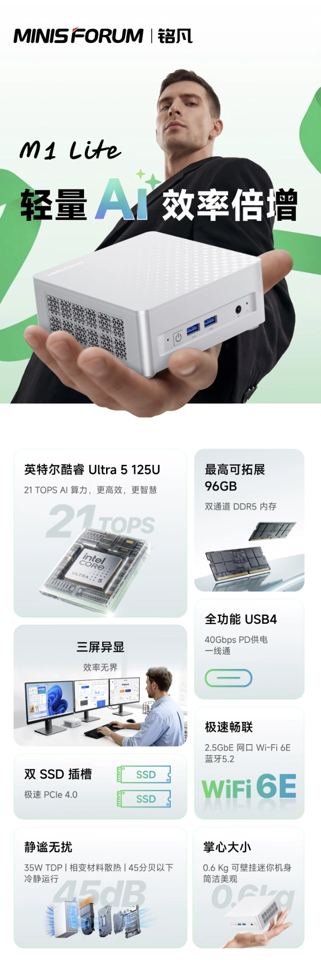 铭凡 M1 Lite-125U 迷你主机发售:搭酷睿 Ultra 5 125U,2119 元起