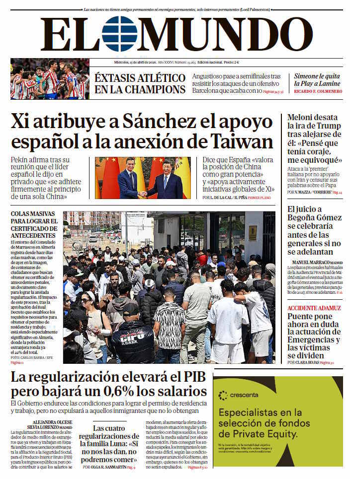 Portada de EL MUNDO del mi�rcoles 15 de abril de 2026