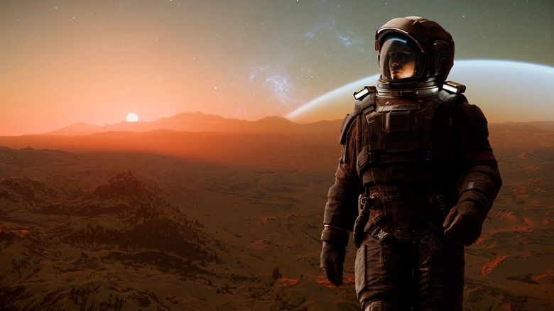 Artistic rendition of an astronaut walking on an alien planet
