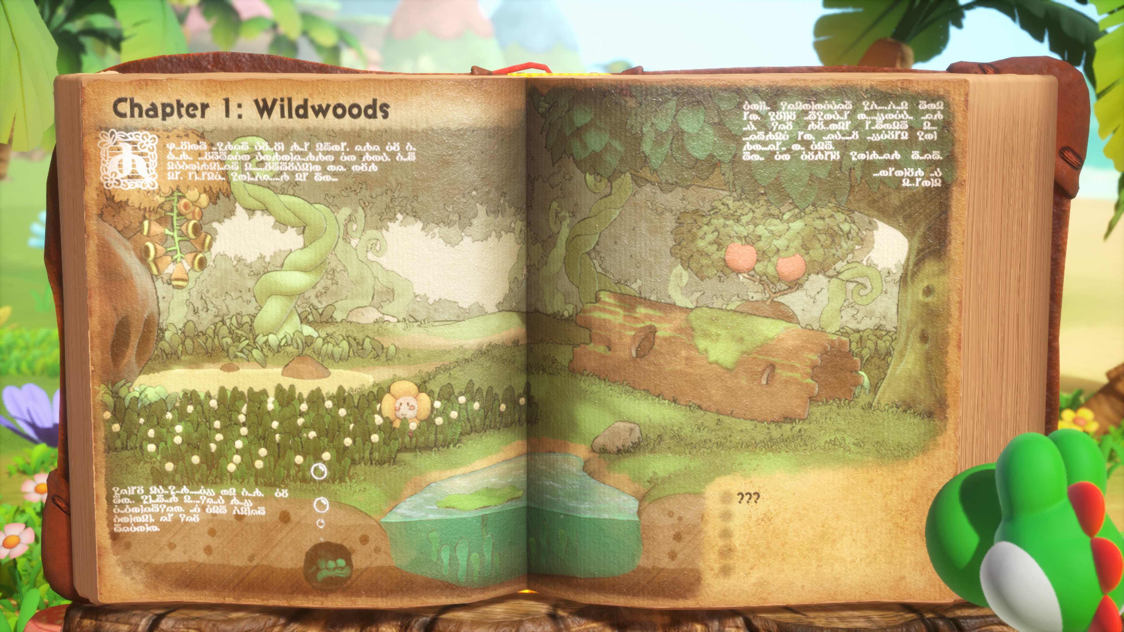 Yoshi inspects Mr. E's pages in Yoshi and the Mysterious Book