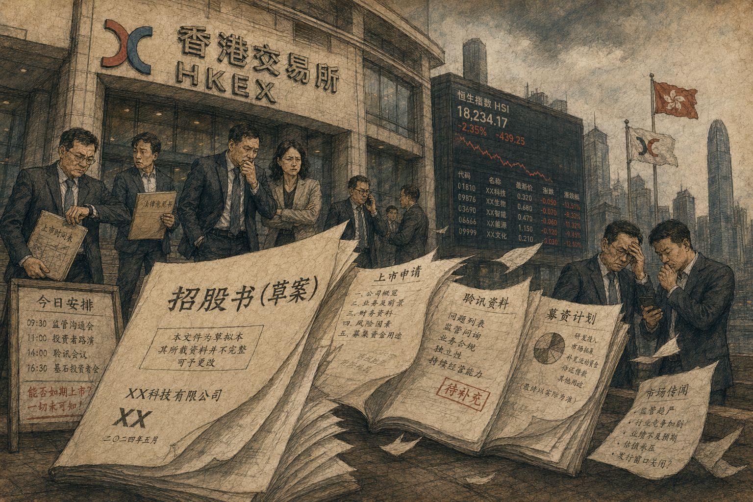 港交所风格的大楼前,一份招股书草案在风中翻页,台阶上站着西装投资人与企业高管,远处股价屏幕黯淡,象征IPO冲线失败前的紧张瞬间,羊皮纸,钢笔彩色手绘的统一风格。