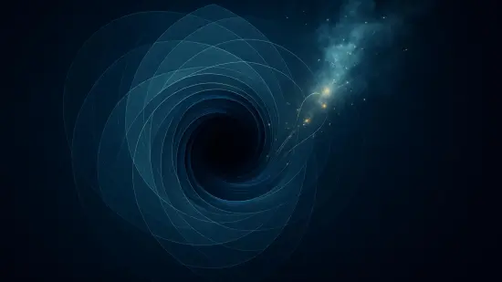 Ilustración editorial de un agujero negro conectado a estructuras geométricas que sugieren dimensiones extra y campos de partículas.