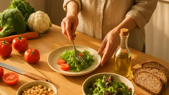 Una mesa de cocina con ingredientes frescos mientras se prepara un plato casero y equilibrado.