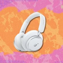 soundcore by anker space q45 headphones against a pink and orange patterned background