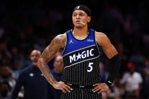 CHARLOTTE, NORTH CAROLINA - MARCH 19: Paolo Banchero #5 of the Orlando Magic looks on during the first half of the basketball game against the Charlotte Hornets at Spectrum Center on March 19, 2026 in Charlotte, North Carolina. NOTE TO USER: User expressly acknowledges and agrees that, by downloading and or using this photograph, User is consenting to the terms and conditions of the Getty Images License Agreement. (Photo by David Jensen/Getty Images)