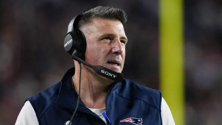 New England Patriots head coach Mike Vrabel walks along the sideline during the second half of the NFL Super Bowl 60 football game against the Seattle Seahawks, Sunday, Feb. 8, 2026, in Santa Clara, Calif.