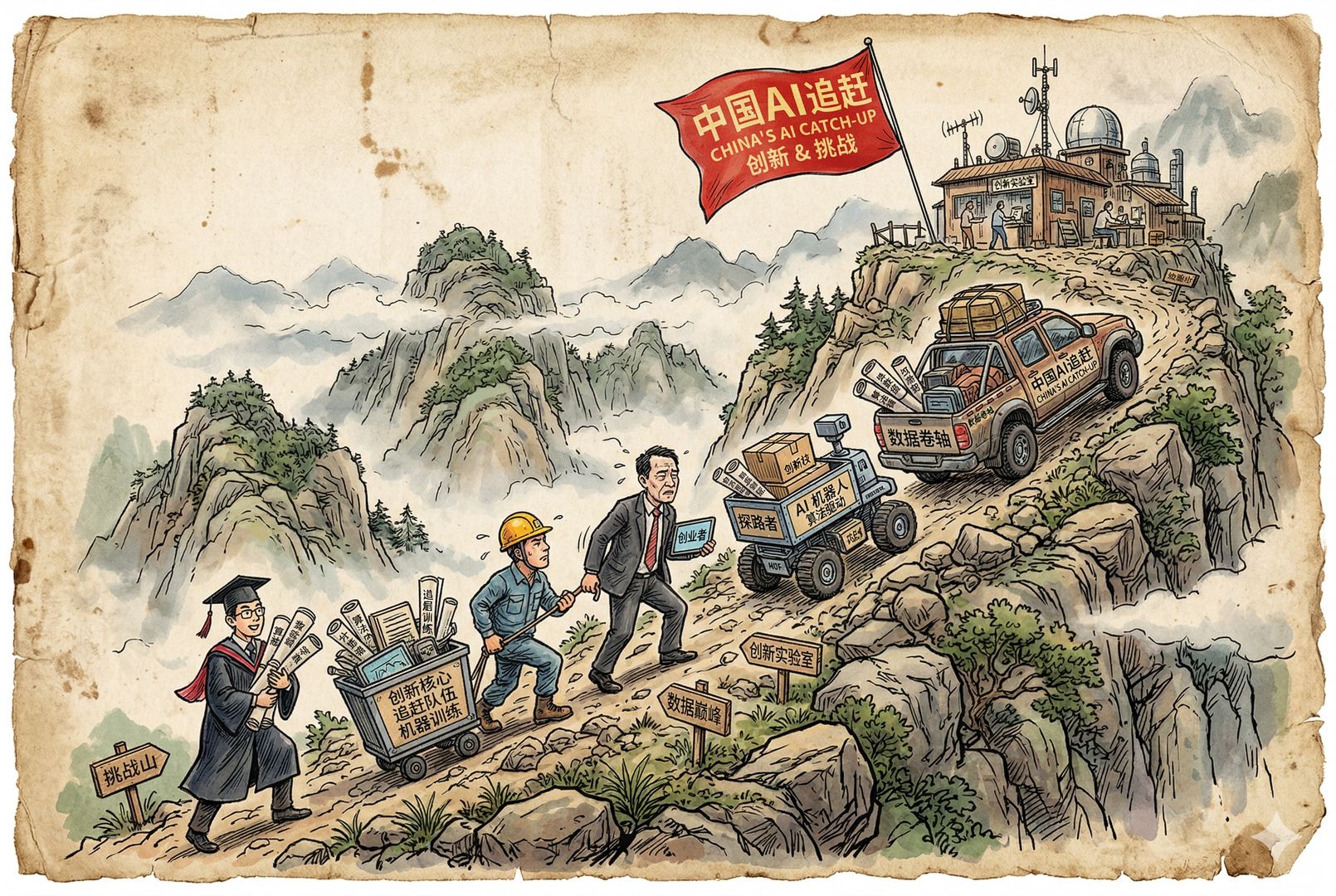 一条陡峭山路上,博士生、工程师、创业者、机器人和装满数据卷轴的车辆一起向山顶实验室攀登,山顶飘着“中国AI追赶”旗帜,画面充满拼命向上的力量,羊皮纸,钢笔彩色手绘的统一风格。